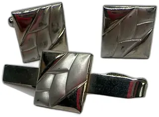 Silver Tone Geometric Square Cufflinks And Tie Clip Set Vintage Mens Accessory