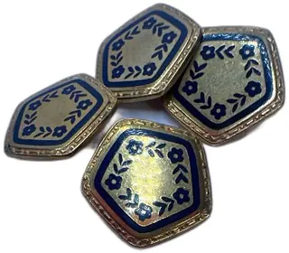 Vintage Art Deco Enamel Gold Tone Hexagon Floral Cufflinks Blue Flower Design