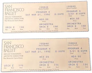 San Francisco Ballet Program 4 Original Tickets Pair Orchestra E 1992 War Memorial