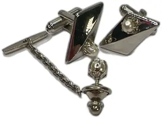 Vintage Silver Tone Geometric Pearl Accented Cufflinks And Tie Tack Set Mid Century