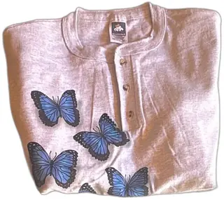 Vintage Cotton Deluxe XL Gray Henley Shirt Blue Butterfly Print Made In USA