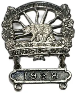 1938 California School Honor Pin 100 Percent Attendance Bear Badge AJ Dennison