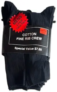Mens 6 Pair Value Pack Black Cotton Fine Rib Crew Socks Size 10-13 Target Brand