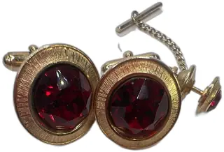 Vintage Gold Tone Cufflinks And Tie Tack Set With Large Red Glass Gemstone