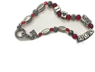 Cookie Lee I Love My Mom Beaded Silver Red Bracelet Vietnam Gift Jewelry