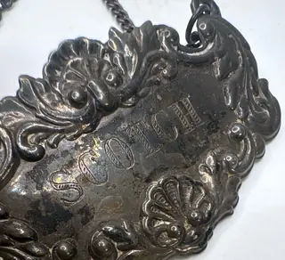 Antique Sterling Silver Ornate Scotch Liquor Decanter Tag Engraved Victorian Style