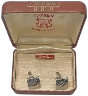 Vintage Anson Silver Tone Geometric Cufflinks with Original Box Mid Century Men's Jew