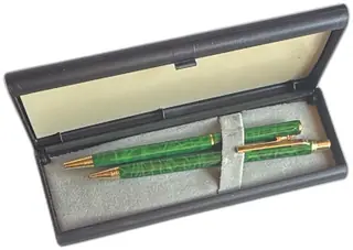 Green Marble Ballpoint Pen And Mechanical Pencil Set Gold Trim Boxed Taiwan Vintage