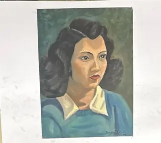 1946 Danny J Cenzi Portrait Oil Painting Woman Blue White Collar 12x16 Vintage Art