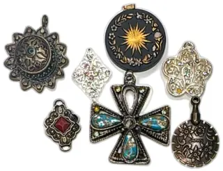 Vintage Mixed Jewelry Pendants Lot Clover Japan Sunburst Cross Ornate Silver