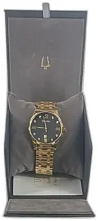 Bulova Men’s Gold Stainless Steel Diamond Accent Black Dial Watch With Box