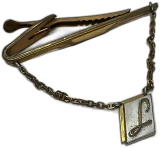 Vintage Hickok USA Gold Tone Tie Clip Chain Letter L Monogrammed Initial Bar