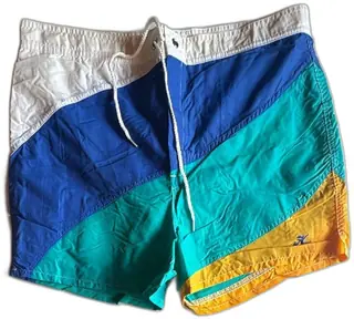 Hobie Vintage 80s Swim Trunks Size 36 Nylon Blue Teal Yellow Colorblock Shorts