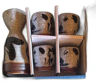 Japanese Sake Set Crackle Glaze 1 Carafe 4 Cups Black Brush Art Made In Japan
