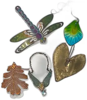 Lot Of 5 Artisan Handcrafted Leaf Dragonfly Heart Sun Catchers Mixed Metals Gl