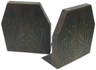 Antique Arts And Crafts Iron Tulip Motif Bookends Hand Decorated Circa 1910s Pair