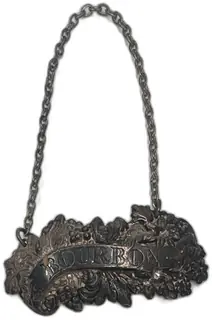 Antique English Silver Plated Bourbon Decanter Tag Ornate Vine Pattern Circa 1900
