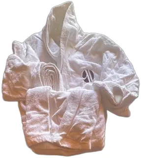 The Bernard Company San Francisco White Cotton Hooded Bath Robe with Maroon Logo USA