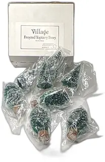 Village Frosted Topiary Trees Set Of 8 Miniature Green Snowy Holiday Decor