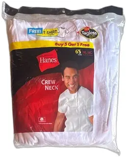 Hanes Crew Neck T Shirts XL 6 Pack Buy 5 Get 1 Free 100 Percent Cotton Tagless New