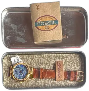Fossil HE-3337 Blue Mosaic Dial Gold Tone Watch Brown Leather Strap 1992 Boxed
