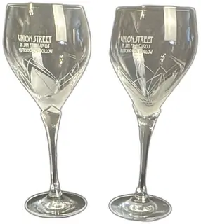 Union Street San Francisco Historic Cow Hollow Etched Crystal Wine Glasses Pair