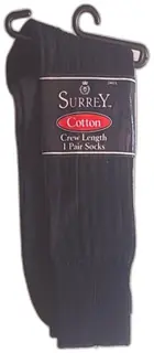 Surrey Cotton Crew Length Mens Black Socks Size 10-13 Single Pair New USA