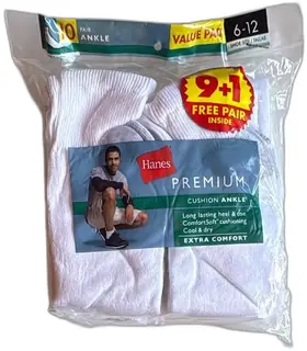 Hanes Premium Cushion Ankle Socks 10 Pair Value Pack White Size 6-12 ComfortSoft
