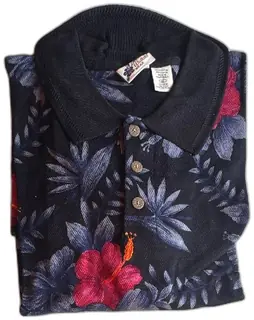 Waikele Wear Cherokee Mens Polo Shirt XL Black Floral Hawaiian Cotton Rayon New