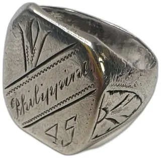 WWII Trench Art Ring Philippines 1945 Hand Engraved Silver Tone Vintage Military