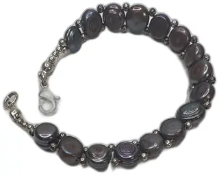 Black Coin Freshwater Pearl Sterling Silver Beaded Bracelet 7 Inch Handmade