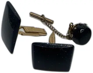 Vintage Goldstone Cufflinks Tie Tack Set Patent 2974381 Gold Tone Blue Goldstone