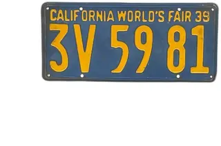 1939 California Worlds Fair License Plate 3V5981 Blue Yellow Vintage Original