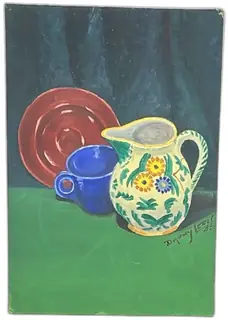 1945 Still Life Painting Signed Danny Lenzi Colorful Pitcher Cup Plate 15x11
