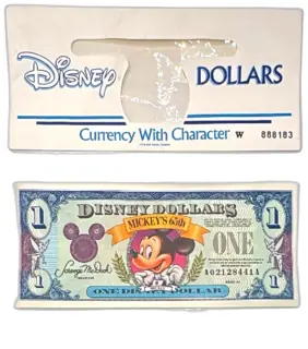 Disney Dollars 1993 Mickey’s 65th Birthday One Dollar Bill With Envelope Scrooge McDu