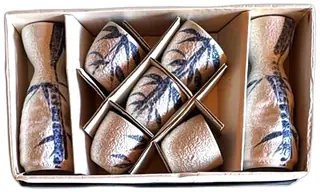 Vintage Japanese Sake Set Crackle Glaze Blue Bamboo Ceramic Tokkuri and Ochoko Cups