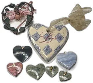 Lot Of 8 Stone Heart Ornament Pendants Mixed Gemstone Ceramic Love Decor