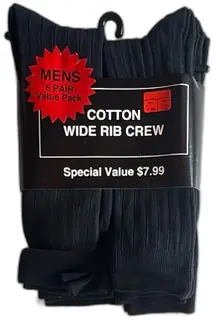 Mens 6 Pair Value Pack Cotton Wide Rib Crew Black Socks Size 10-13 Target Brand