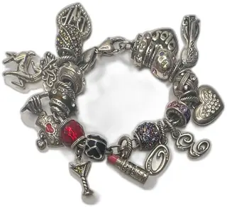 Vintage Silver Charm Bracelet Multicolor Glass Rhinestone Hearts Lipstick